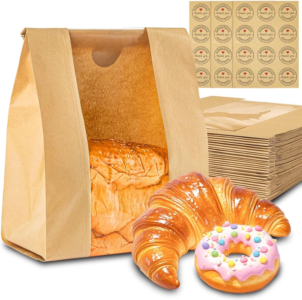 30 PCS Sourdough Bread Bags for Homemade Bread - Sukh Kraft Bakery Bags with Window Brown Paper Bread Bags for Sourdough Rounds Bread Loaf Bags with Labels for Storage Packaging(12.5x8.2x3.9 Inch)