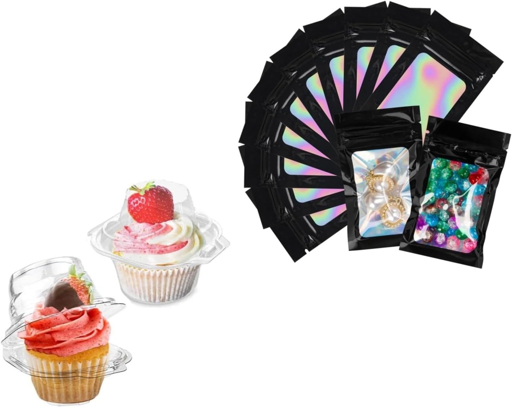 50 Pcs Cupcake Boxes Plastic Individual Cupcake Containers and 100 Pack Holographic Bags Smell Proof Bags Mylar Bags