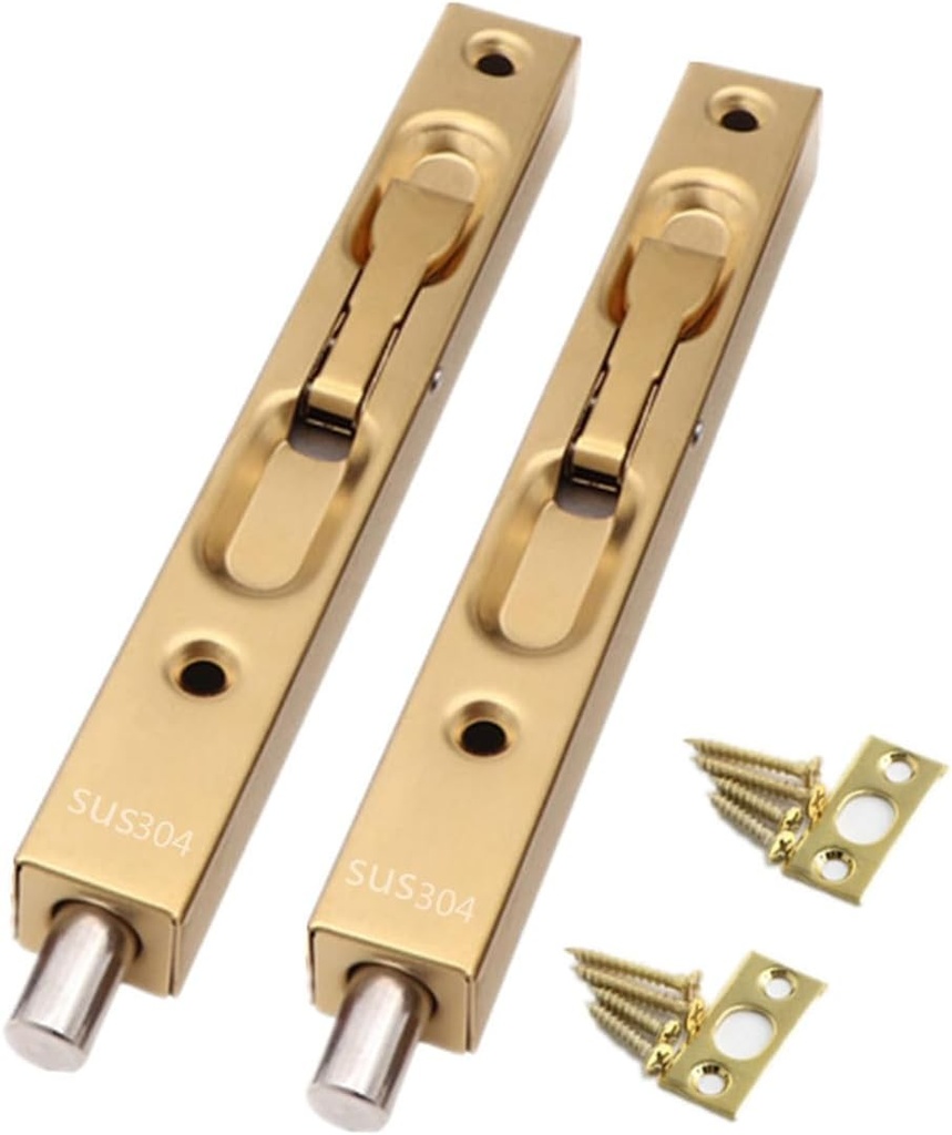 szhdxsy 2-Pack Hidden Latch & Bolt 304 Stainless Steel 6 inch(15cm) Security Door Bolt Latch, Double Door Lever Action Flush Bolt Latch, French Door Slide Bolt Lock,Golden