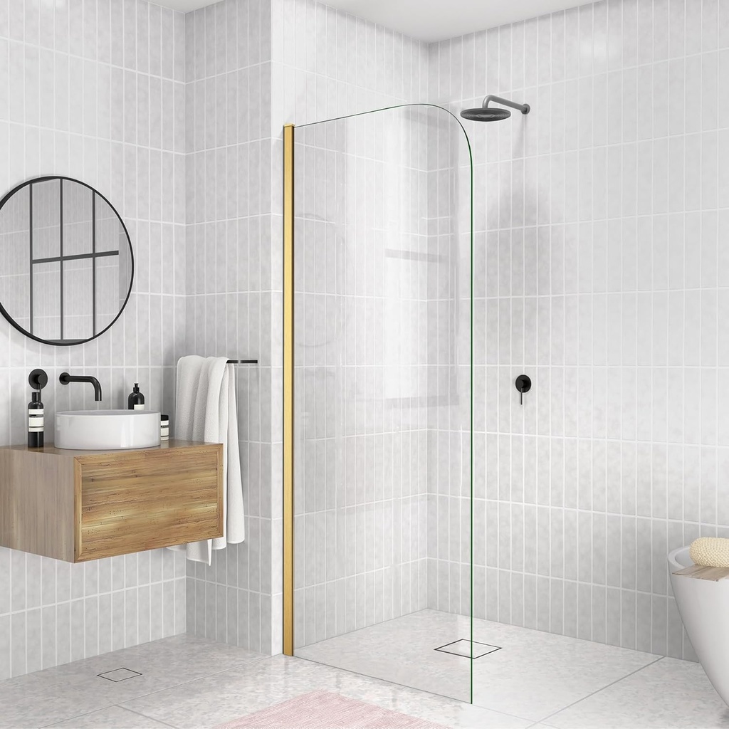 Bathroom Shower Door 30" W x 74" H Glass Shower Panel, Fixed Frameless Screen with 5/16" (8mm) Thick Clear Tempered Glass Panels Wall for Bathroom with Hardware Brushed Gold