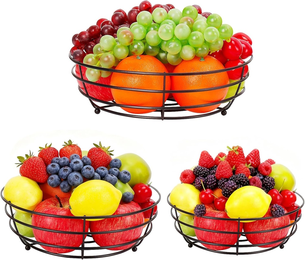 Livabber Wire Fruit Bowl, Metal Fruit Basket For Kitchen Counter, Large Capacity Storage Holder Tabletop Organizer For Vegetables Breads Snacks (Black, 3 Pack)