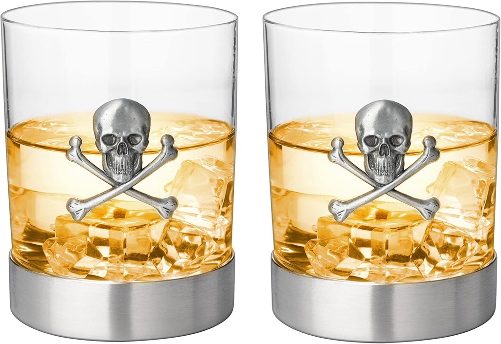 Skull & Skeleton Crossbones Pewter Whiskey & Wine Drinking Glasses - 11oz Set of 2 - Water, Rum, Brandy & Scotch Glass, Elegant, Skeleton Crystal Cup, Gifts for Men & Women, Old Fashioned Glass