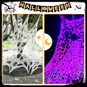 200 Sqft Pre-Cut Giant Spider Web - Halloween Decorations Outdoor Stretchy Beef Netting Cloth Flexible Elastic for Haunted House Yard Party Decor with 20 Ground Nails, 2 Purple Light Strings