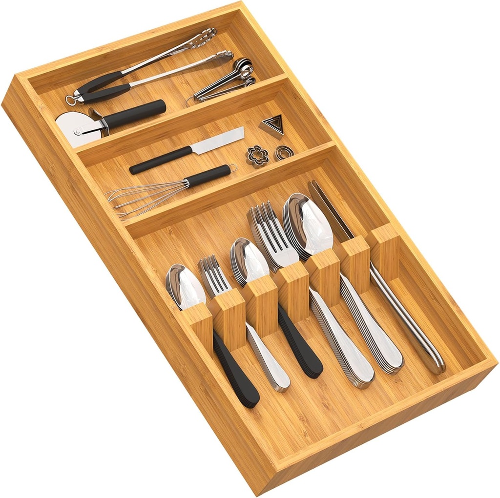 Yofidra Pure Bamboo Silverware Drawer Organizer: 16.53" Lx10 Wx1.93 H Large Silverware Utensil Tray Holder, 3-Compartment with 6 Card Slots Kitchen Flatware Organizer for Spoons Forks Knives