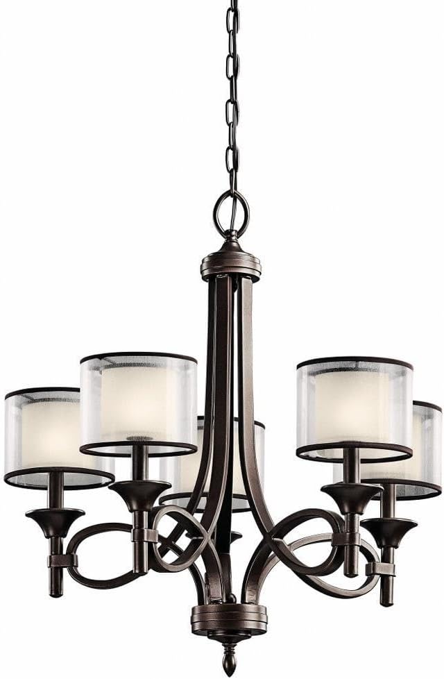 Kichler Lacey 26" 5 Light Chandelier with Satin Etched Cased Opal Inner Diffusers and Light Umber Translucent Organza Outer Shade in Mission Bronze