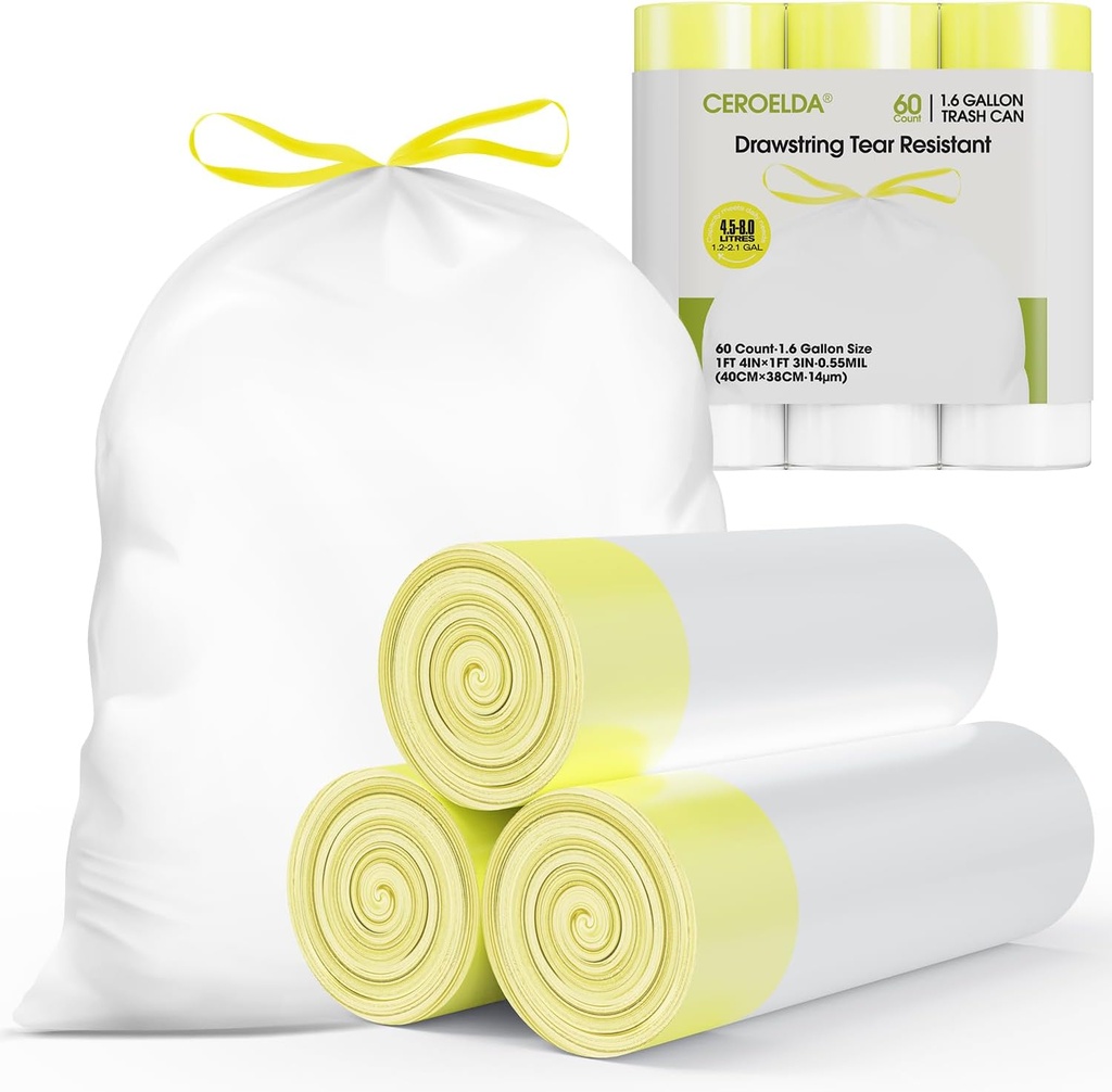 CEROELDA 1.6 Gallon Small Trash Bags, 60 Count Mini Drawstring Garbage Bags Unscented fit 4.5-8 Liter, 1.2-2 Gallon Thick Plastic Wastebasket Liners for Bathroom Bedroom Office Toilet