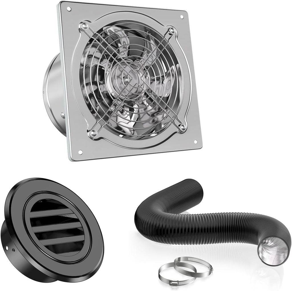 HG Power 6 Inch Exhasut Fan Kit - Metal Exhaust Fan, Aluminum Alloy Round Vent, 16-feet Flexible Air Ducting for Kitchen, Garage, Basement, Chicken Coop, Workshop, Greenhouse Ventilation Use
