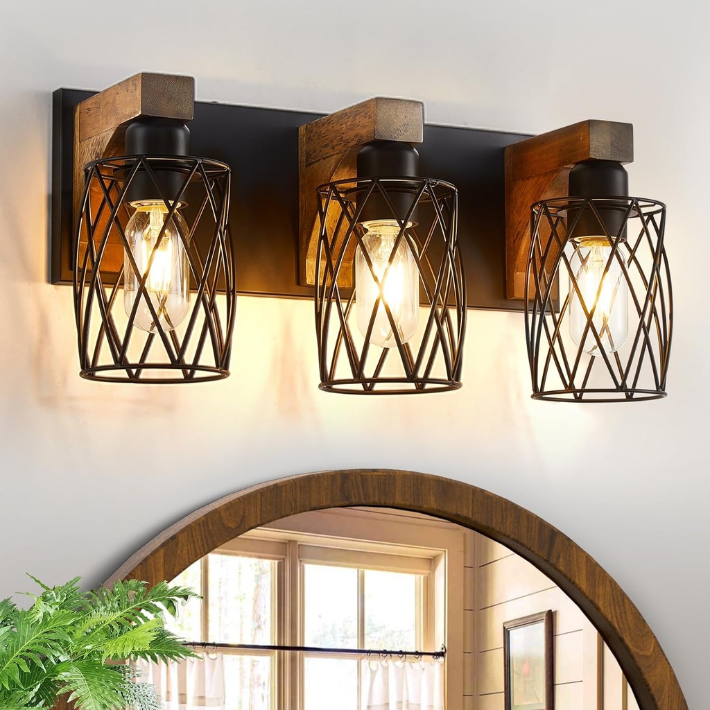 Farmhouse Bathroom Vanity Light, 3-Light Wood Bathroom Light Fixtures Over Mirror, Black Industrial Vanity Lights with Metal Shade, Rustic Bathroom Lighting for Bedroom Living Room Hallway