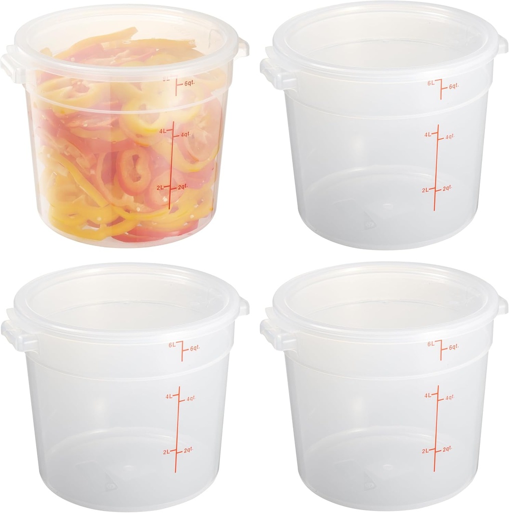 CURTA 6 Quart Translucent Round Food Storage Container with Lid, Pack of 4 – NSF Listed, BPA-Free, Commercial-Grade Polypropylene, Freezer & Dishwasher Safe, Non-Stick, Easy-Read Graduations
