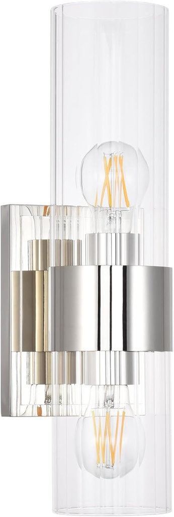 Modern Bathroom Sconces Wall Lighting with Clear Ribbed Glass, Polished Nickel 2-Light Bathroom Vanity Light Fixtures for Mirror Living Room Hallway Bedroom