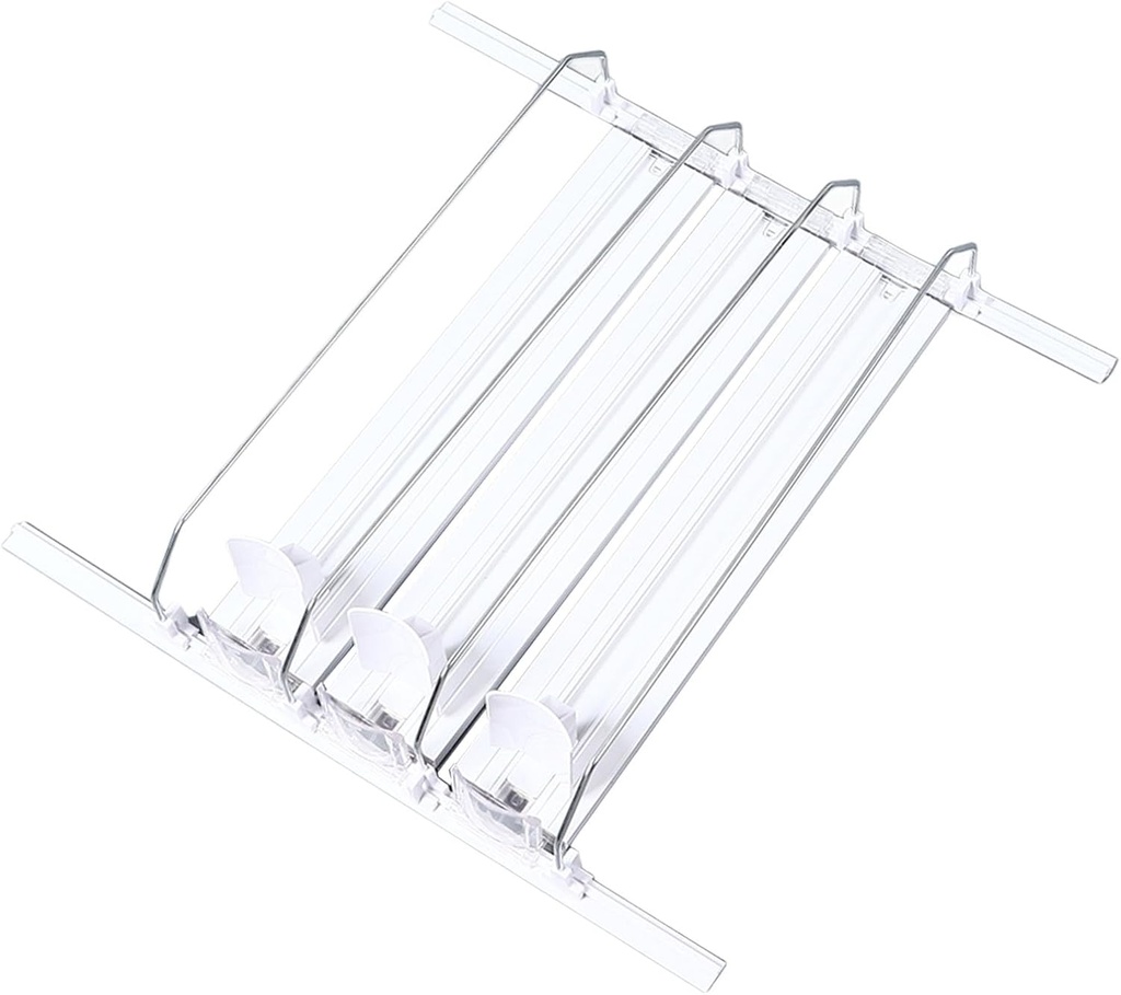 38cm Adjustable Drink Organizer for Fridge - Automatic Pusher Glide for 12oz, 16oz, 20oz Cans and Bottles, Robust E - Shaped Design (White)