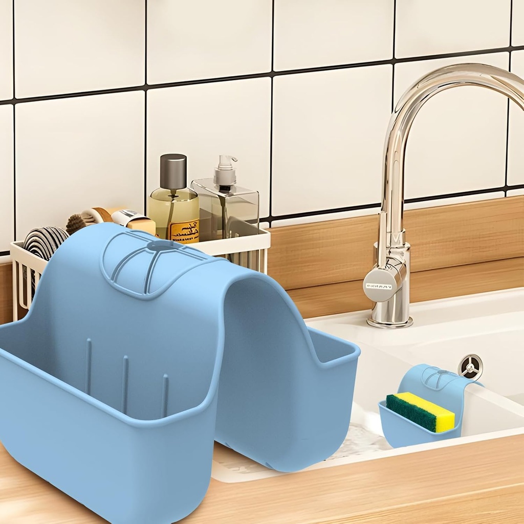 Sponge Holder for Kitchen Sink, Silicone Sink Saddle Caddy Organizer Rack, Sponges Holder Over Faucet, Hanging Kitchen Organizer Accessories Rack Basket - Light Blue