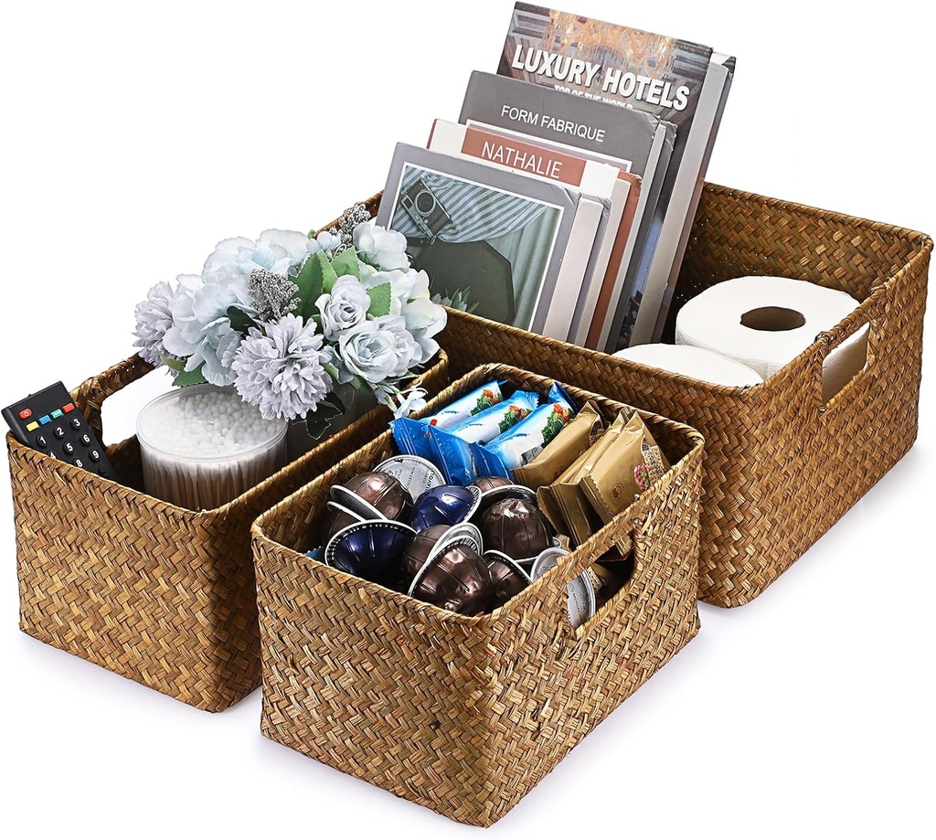 Set of 3 Natural Wicker Basket, Handwoven Seagrass Basket, Storage Bins Home Organizer Bins - Household Organizer Box for Living Room, Bathroom, Bedroom (1 Large, 2 Small, Caramel)