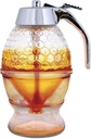 Hunnibi 8oz No Drip Glass Honey Dispenser with Plastic Top - Honeycomb-Style Syrup Server and Bee-Themed Storage Jar with Stand - 6" Clear Container for Honey, Maple Syrup