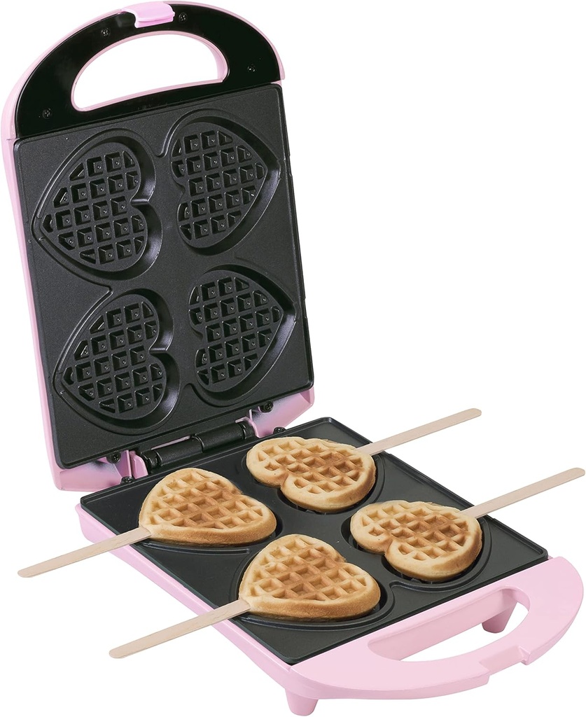 Bestron waffle maker, waffle iron for heart-shaped waffles on a stick, with 20 sticks, non-stick coating, 780W, pink