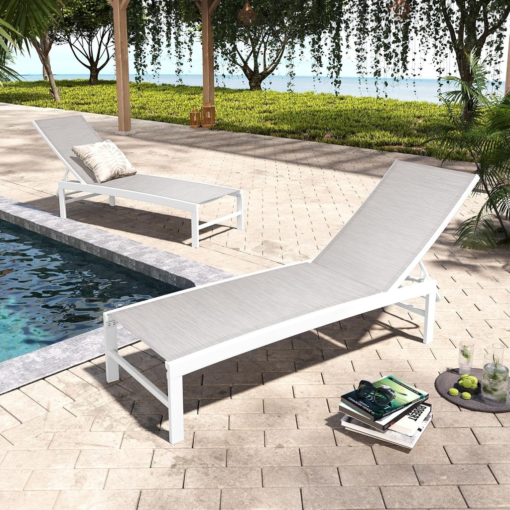 Pellebant Aluminum Lounge Chair Outdoor Set of 2 - Pool Chairs and Lounges for Poolside, Waterproof Patio Chaise Chairs with 5 Positions Backrest, White