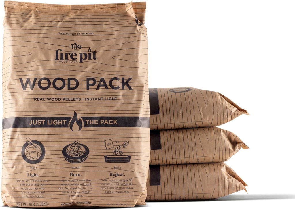 TIKI Wood Pack – 4-Pack Wood Pellets for Smokeless Fire Pits, Easy-to-Use Fire Pit Fuel for Outdoor Heating & Camping, 30+ Minute Burn Time, Made in The USA