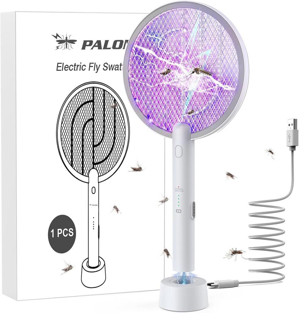 PALONE Electric Fly Swatter 4000V Bug Zapper Racket 2 in 1 Fly Swatter with 1200mAh Battery Rechargeable Mosquito Killer Lamp with 3 Layers Safety Mesh for Indoor and Outdoor