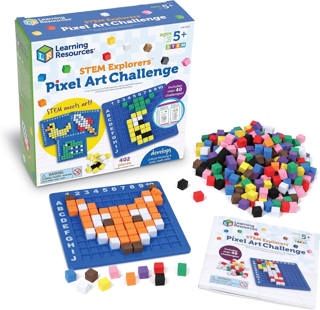Learning Resources STEM Explorers Pixel Art Challenge - Math Puzzles, Pattern Blocks, Sensory Bin, Arts and Crafts, Math Manipulatives, Building Toys, Montessori