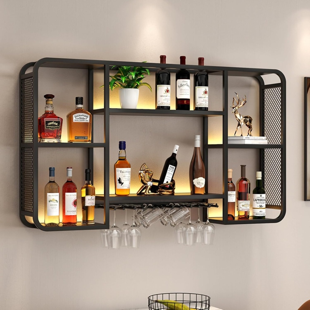 Modern Wine Rack Wall Mounted with LED Light Iron Wine Shelf with Wine Glass Holder Iron Bar Liquor Shelf Metal Wine Rack Wall Mounted Bar Floating Wall Shelves for Kitchen Wine Cellar,Gold/