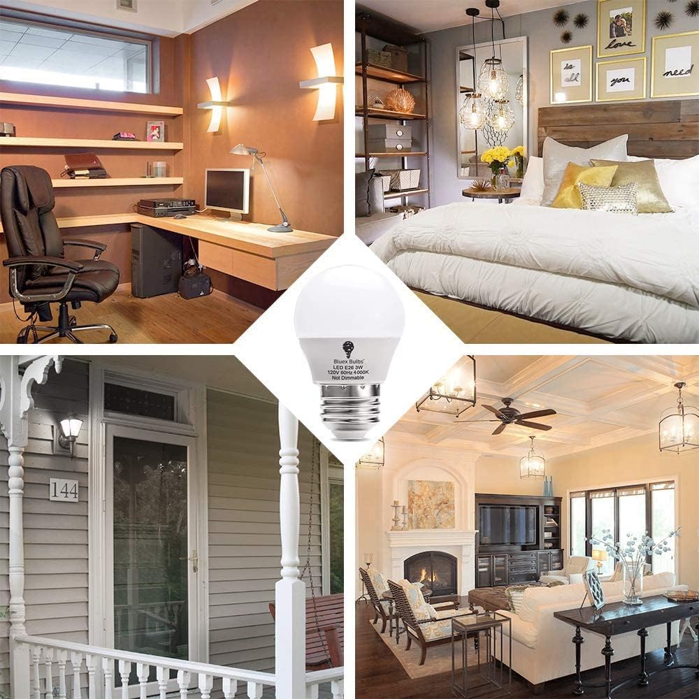 Bluex Bulbs 8 Pack BlueX 3W G14 LED Light Bulb 4000K Cool White - 25W Equivalent - E26 Base 120V - Small Night Light Bulbs for Bedroom, Ceiling Fan, Table Lamp, Kitchen, Pendant Fixtures, Dinning Room