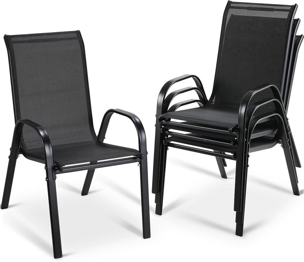MAMIZO Patio Dining Chairs, Stackable All Weather Teslin Chair, Heavy Duty Outdoor Breathable Chairs Set, w/Armrests, Upgraded Chair FeetW/Strenthened Iron Spacers, 330 LBS (4, Black, 26.4″)