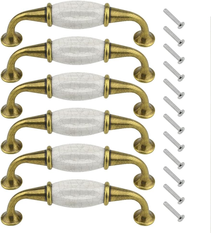 XINGYHENG 6PCS Cabinet Dresser Pulls White Ceramic Dresser Pulls Cupboard Drawer Pull Knobs Door Pull Handle with Screws 3.8"/96mm Centers (Gold, White) (3.78 Inch Hole Centers)