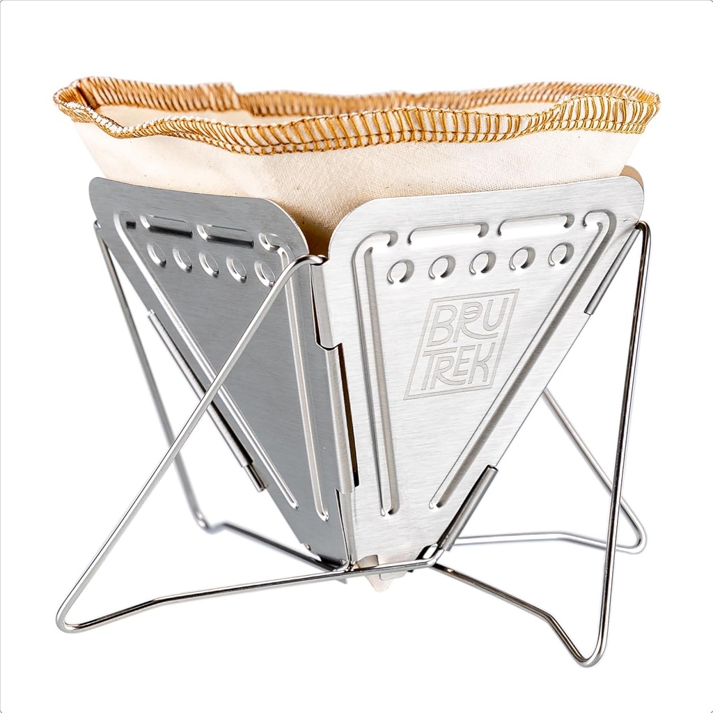 BruTrek Collapsible Pour Over Camping Coffee Maker - Stainless Steel Travel Brewing Kit, Reusable Cotton CoffeeSock Filters, Canvas Pouch Carrying Bag, Compact Packable Lightweight Design