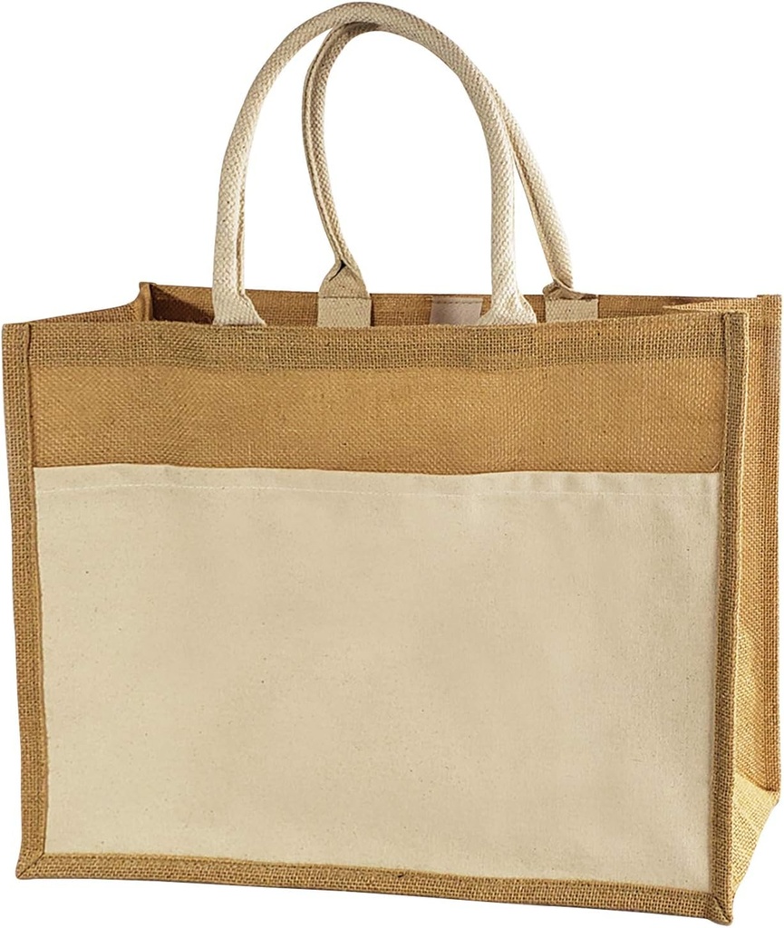Heavy Duty Reusable Large Jute Burlap Tote Bags with Front Canvas Pocket for DIY