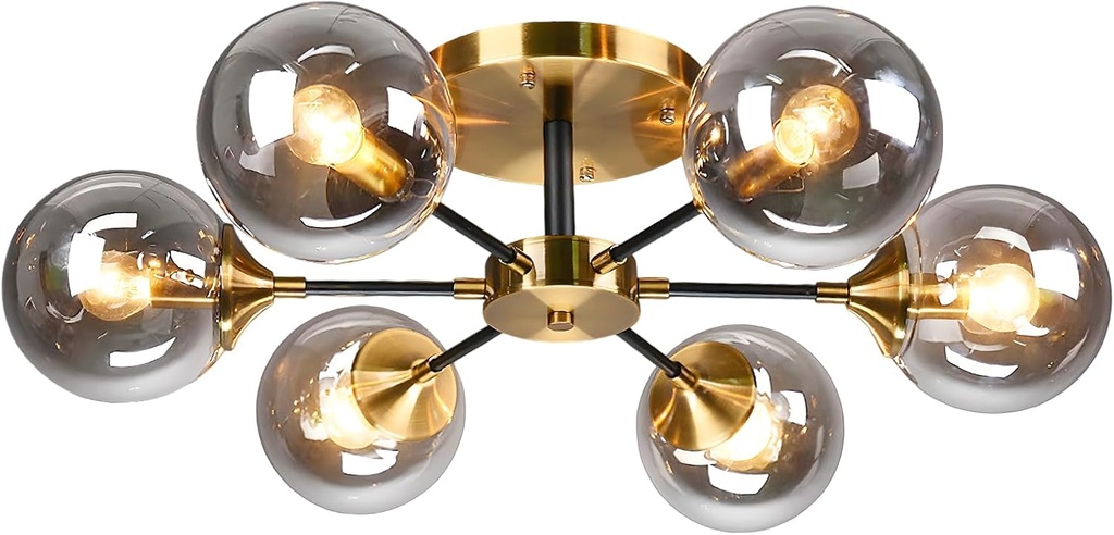 KCO Lighting 6-Light Modern Gold Globe Ceiling Light Brushed Brass Metal Close to Ceiling Lighting Fixture Bathroom Mid Century Smoke Gray Glass Shade Semi Flush Mount Sputnik Chandelier