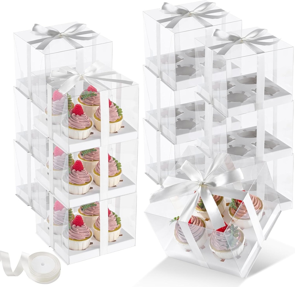 JCD 8 Pack Clear Cupcake Boxes, 4 Count Cupcake Containers with Gift Ribbon,5.3inches height Plastic Cupcake Carrier Holder for Treat Dessert Cookies Muffins Pastry Baby Shower Party (4count/8pcs)
