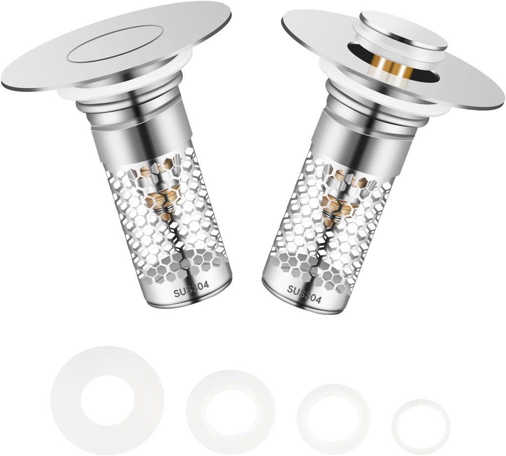 2PCS Bathroom Sink Drain Strainer, Universal Pop Up Sink Drain Stopper with Removable Stainless Steel Basket Hair Catcher, Bathroom Sink Stopper Fits 1.1''~2.36'' Sink Basin Holes, Brass Bullet Core