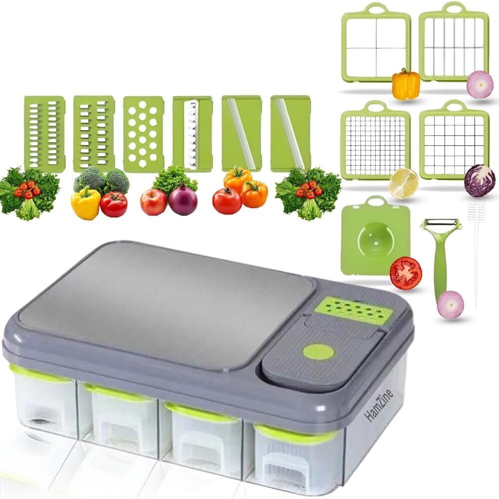 All in 1 Vegetable Chopper Veggie Dicer Stainless Steel Chesse Grater Metal Abs Food Slicer Salad Chopper Multifunctional Tools Fruit Cutter with Cutting Board Kitchen Gadgets