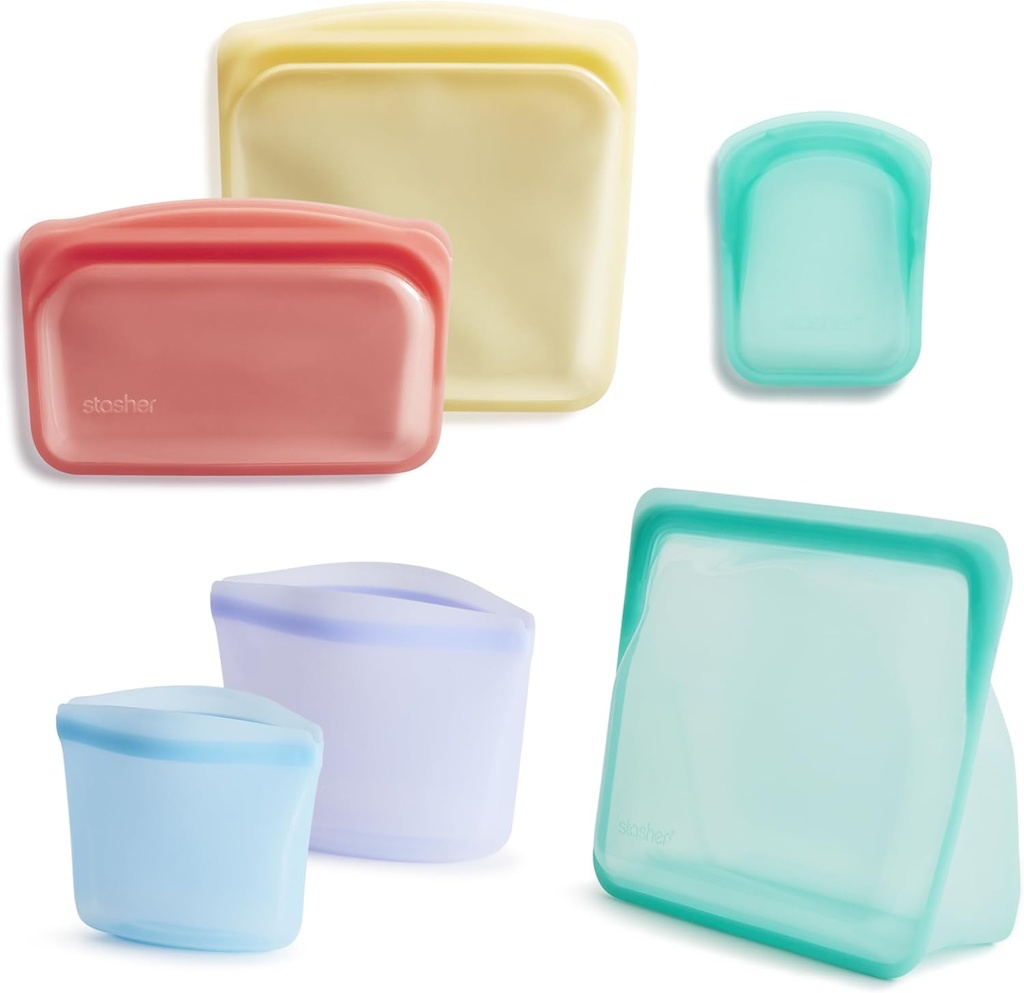 Stasher Premium Silicone Reusable Food Storage Bags, 6-Pack, Rainbow, Multi-Use Food Storage Bags, Lunch Bag, Travel Containers, BPA Free, Leak-free, Dishwasher-Safe, Eco-friendly