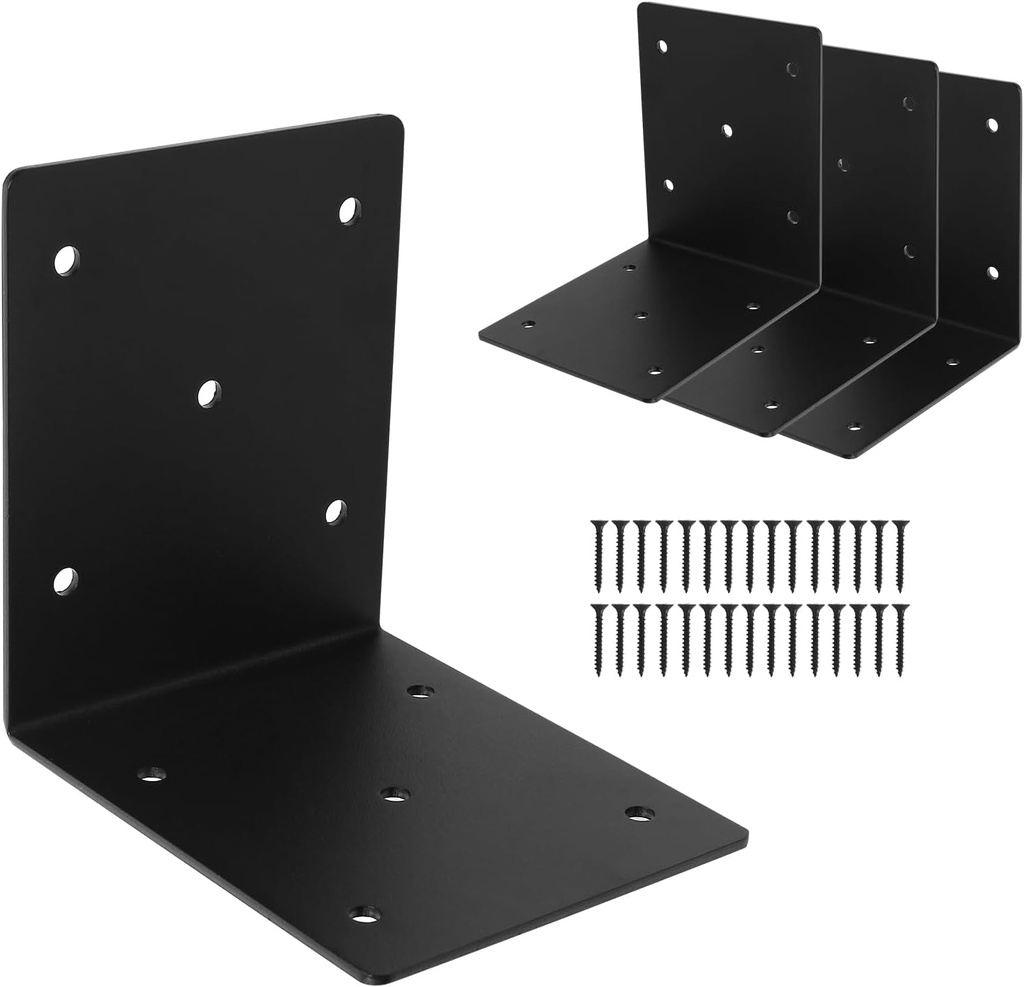 4 Pack 6"x6"x5"L Right Angle Bracket,Heavy Duty Steel Corner Brackets,90 Degree Post Bracket,DIY L Shelf Brackets,Metal Joint Timber Connector Support for 6x6,6x8 Wood