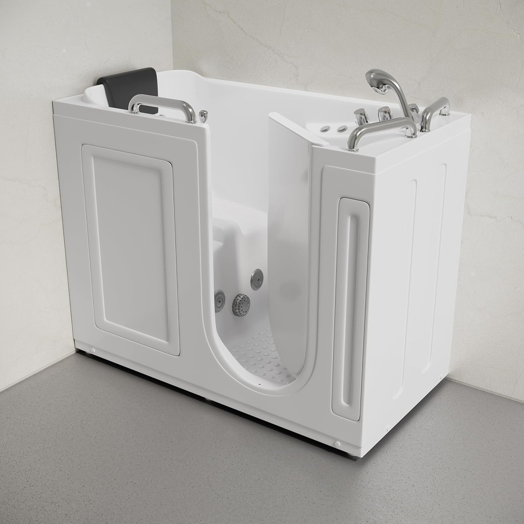 Swiss Madison Auvergne 53" x 27" ADA Right Drain Walk-in Soaking Bathtub with Massage Jets in Glossy White, Faucet Set, Drain, Grab Bars, Pillow Included