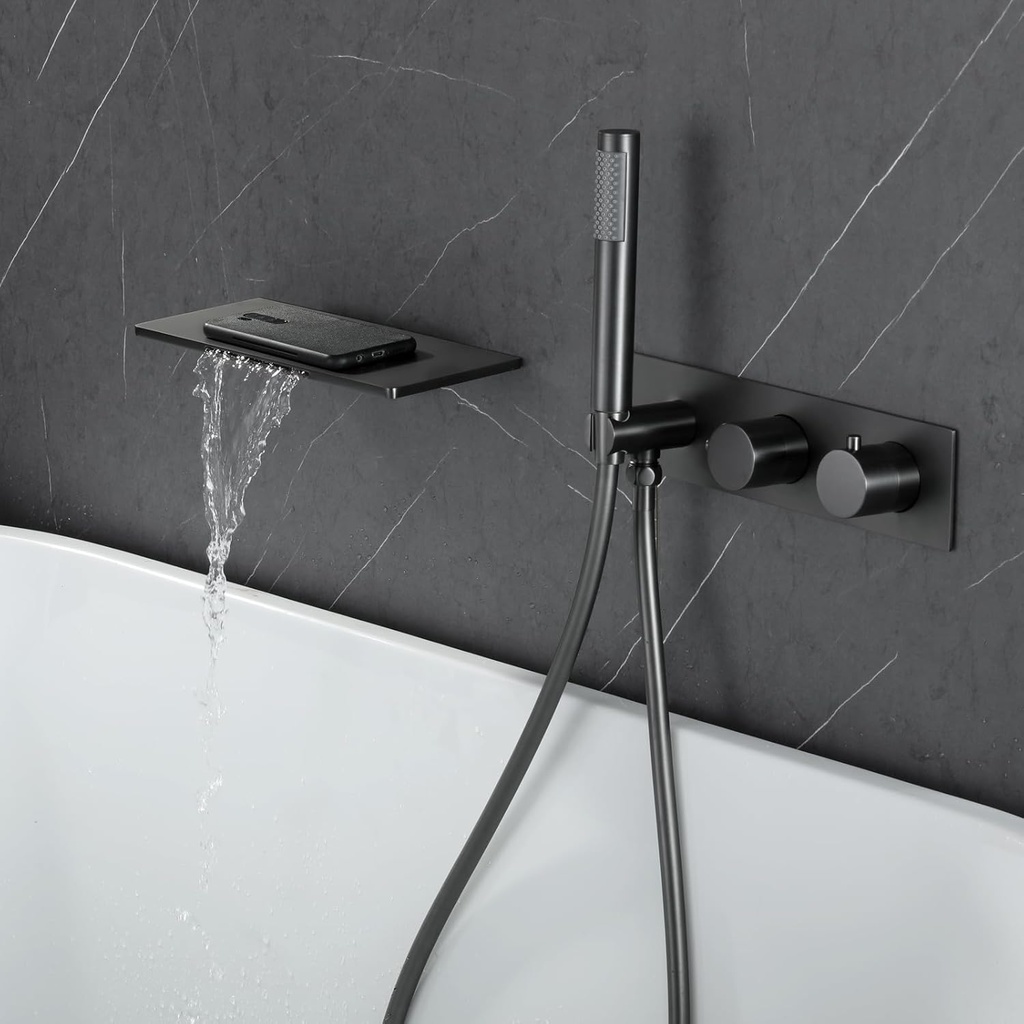 Bathtub Faucet, Waterfall Tub Faucet with Handheld Shower Head Wall Mounted Tub Spout Gray Tub Faucet Set Bathroom Concealed Bathtub Spout Solid Brass Bathtub Faucet Set with Hose