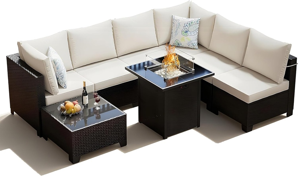 8 Piece Outdoor Patio Furniture Set with Fire Pit, Wicker Outdoor Sectional Sofa for Deck, Garden, Lawn (Brown and Beige)