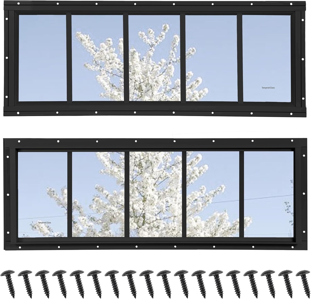 Shed Windows 2 Pack, Transom Windows 10" x 29" with Tempered Glass, Garage Doors Window for Shed, Chicken Coop, Playhouse, Household (Black)