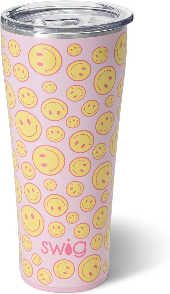 Swig Life 32oz Insulated Tumbler, Travel Coffee Tumbler with Lid, Cup Holder Friendly Travel Coffee Mug, Stainless Steel with Lid (Oh Happy Day)