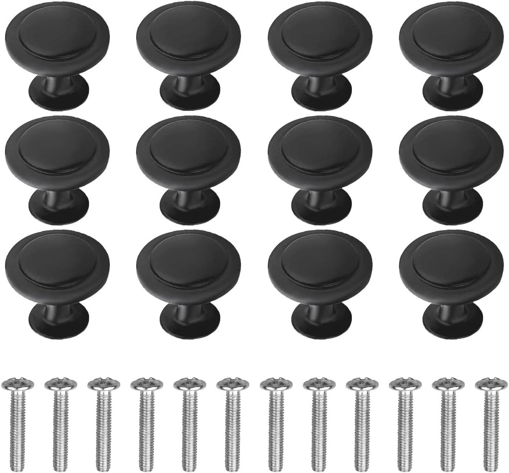 12 Pack Black Round Cabinet Hardware Knobs 1.18 Inch Flat Pulls Knob with Screws for Kitchen Drawer Dresser Cupboard Door Handles Matte Cabinets Pull Bathroom Drawers Handle Modern Pulls Handles