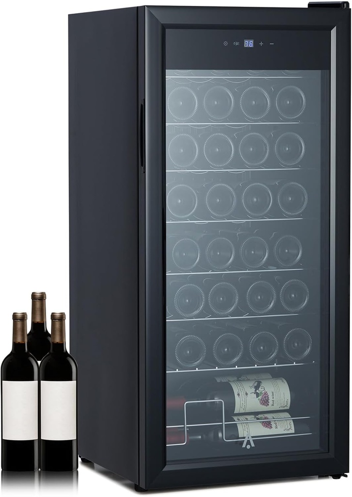 32 Bottle Wine Cooler, Cabinet Beverage Refrigerator, Freestanding Mini Fridge with Digital Touchscreen, LED Display, Split Storage for Red White Wine, Champagne, Beer