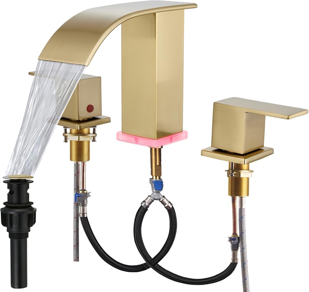 Bathroom faucets 3 Hole Widespread Modern Gold Faucet Sink Faucet 8 inch 3 Hole Vanity Bathroom with Pop Up Drain (Brushed Gold)