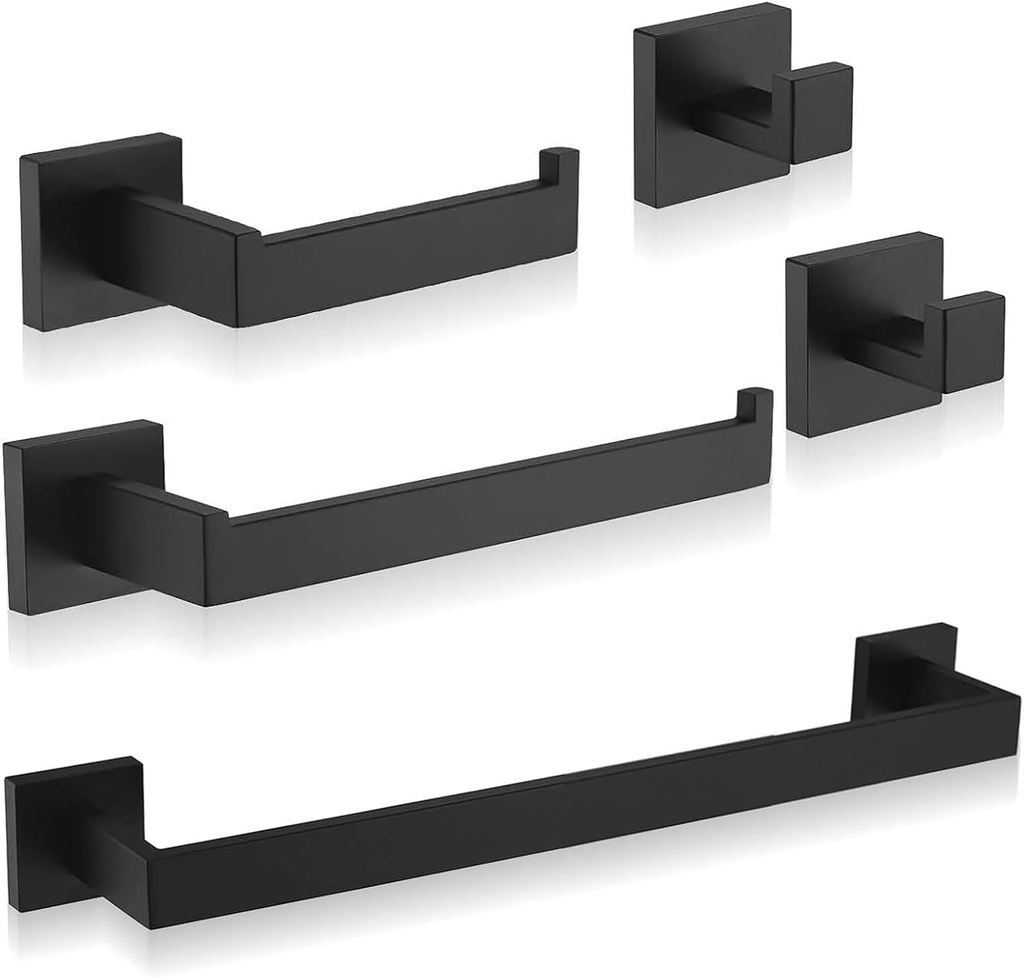 Bathroom Hardware Accessories Set Matte Black,5-Piece Black Towel Bar Set 16" Wall Mounted Towel Holder Stainless Steel-Includes Towel Bar,Robe Towel Hooks,Toilet Paper