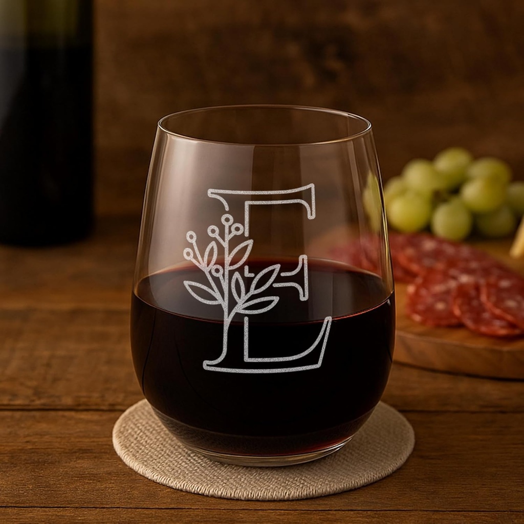 On The Rox Drinks Monogrammed Gifts For Women and Men - Letter A-Z Initial Engraved Monogram Stemless Wine Glass - 17 Oz Personalized Wine Gifts For Women and Men (E)