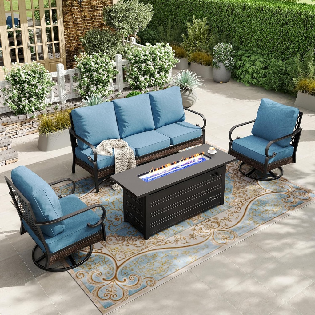 HERA'S HOUSE 4 Piece Patio Furniture Set with 56" Fire Pit Table, 2 x Swivel Cushioned Chair, 1 x 3-Seat Sofa, 5-Seats Outdoor Conversation Set for Lawn Garden Deck, Navy Blue