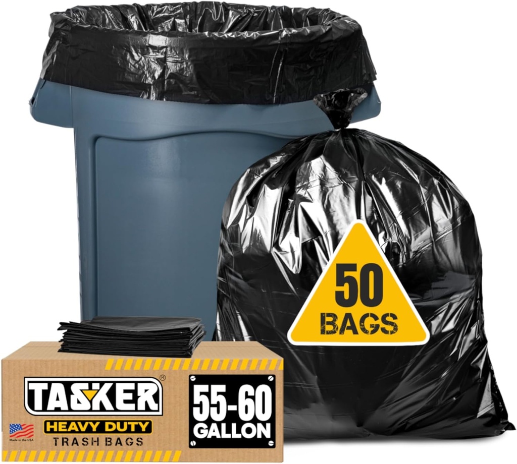 Tasker 55-60 Gallon Trash Bags Heavy Duty | Value 50 Count Bags w/Ties | Extra Large Industrial Trash Bags 55 Gallon, Lawn and Leaf Bags, Extra Large Outdoor Contractor Trash Can Liners, 50-60 Gallon