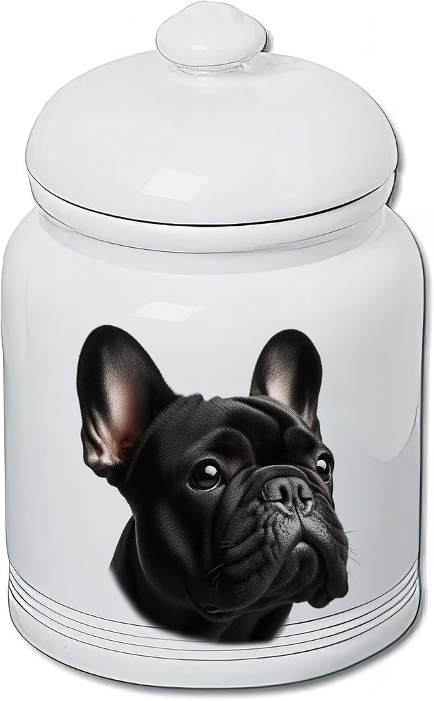 Best of Breed French Bulldog Black Dog and Cat Ceramic Treat Jar 9" Tall Air Tight Seal All White
