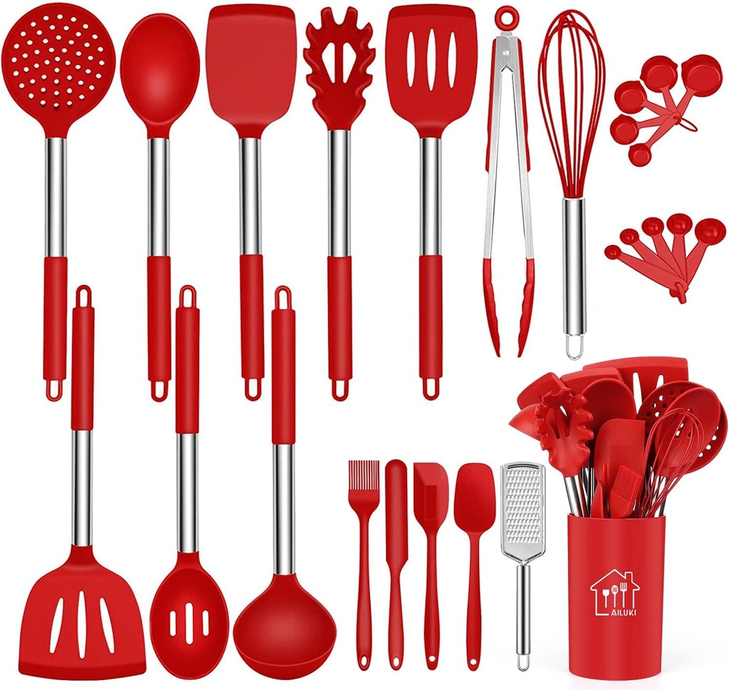 Silicone Cooking Utensil Set,Kitchen Utensils 26 Pcs Set,Non-stick Heat Resistant Silicone,Cookware with Stainless Steel Handle - Red