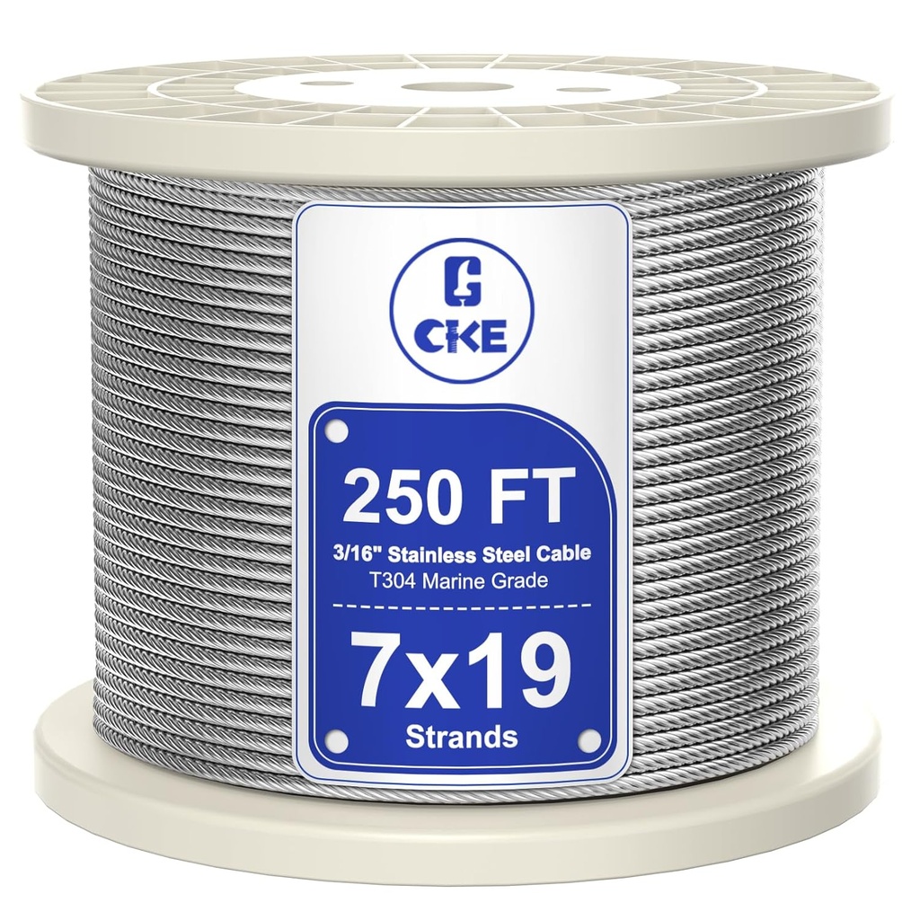 CKE 250FT 3/16" Stainless Steel Cable, 7 x 19 Strand 3/16 Inch Cable Wire Rope for Deck Cable Railing System, 3700lbs Breaking Strength Aircraft Cable for Deck Railing Kit, DIY Balustrade, CW600